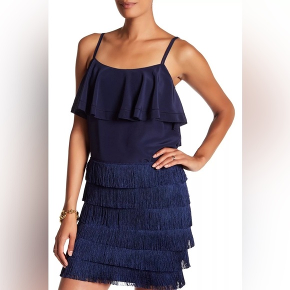 NEW Trina Turk Zazzy Fringe Flapper Mini Skirt in Indigo Blue/Navy - Women’s 4 - Picture 1 of 6